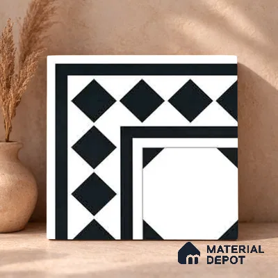 Moroccan Monochrome Wall & Floor Carpet Corner Tile TL 11157 Noir Lattice 1 ft x 1 ft Ceramic Matte Finish Tile - 10 mm | Suitable For Living Room, Kitchen, Dining Area (Sample)
