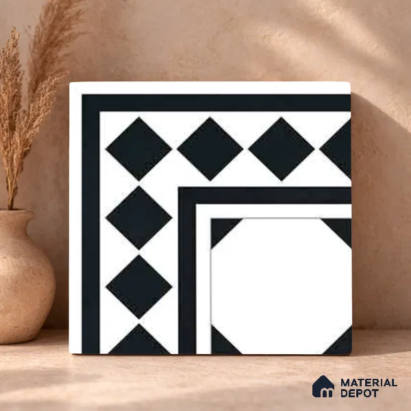 Moroccan Monochrome Wall & Floor Carpet Corner Tile TL 11157 Noir Lattice 1 ft x 1 ft Ceramic Matte Finish Tile - 10 mm | Suitable For Living Room, Kitchen, Dining Area (Sample)
