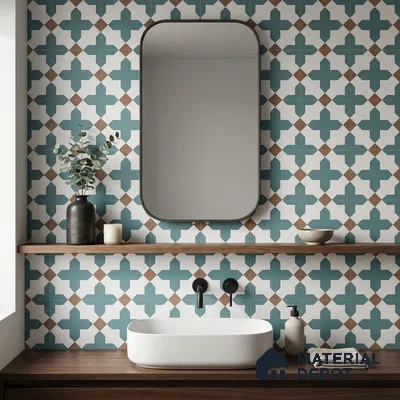 Modern bathroom walkthrough with teal geometric patterned wall tiles and walnut wood vanity