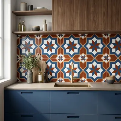 Mediterranean kitchen walkthrough with blue laminate cabinets, walnut wood, and terracotta geometric patterned backsplash tiles