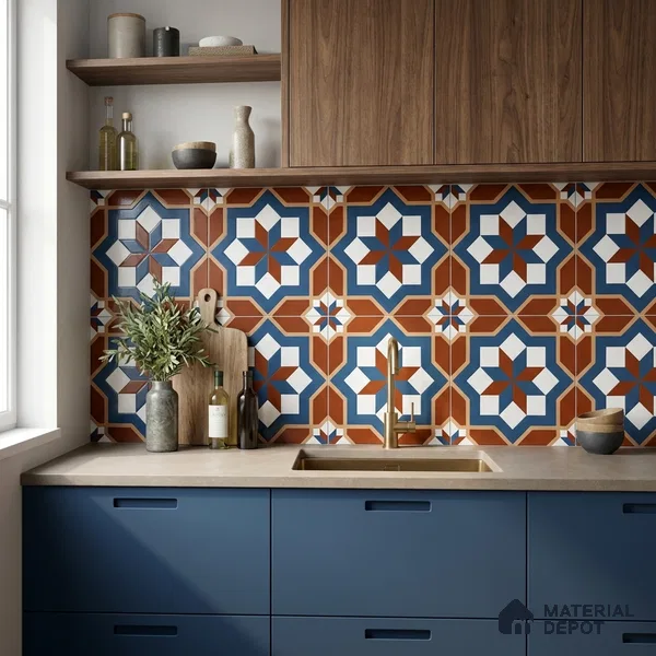 Moroccan Wall & Floor Tile TL 11126 Rustic Starburst 1 ft x 1 ft Ceramic Matte Finish Tile - 10 mm | Suitable For Kitchen, Bathroom, Balcony