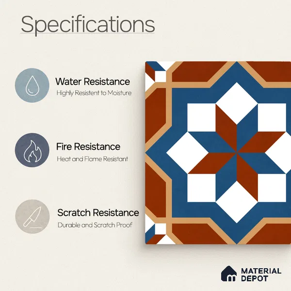 Moroccan Wall & Floor Tile TL 11126 Rustic Starburst 1 ft x 1 ft Ceramic Matte Finish Tile - 10 mm | Suitable For Kitchen, Bathroom, Balcony