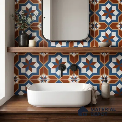 Moroccan Wall & Floor Tile TL 11126 Rustic Starburst 1 ft x 1 ft Ceramic Matte Finish Tile - 10 mm | Suitable For Kitchen, Bathroom, Balcony