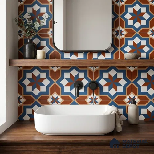 Moroccan Wall & Floor Tile TL 11126 Rustic Starburst 1 ft x 1 ft Ceramic Matte Finish Tile - 10 mm | Suitable For Kitchen, Bathroom, Balcony