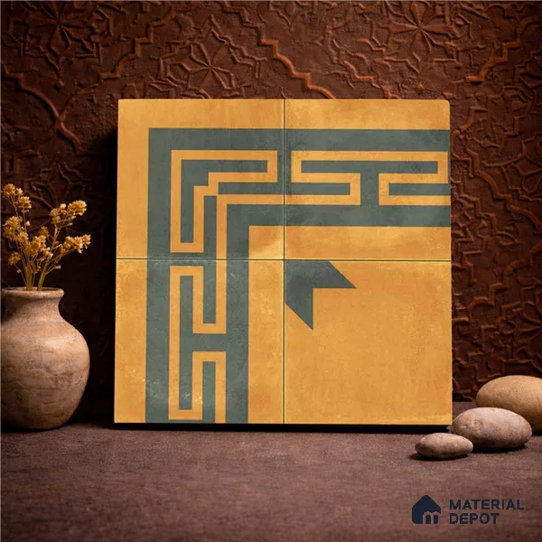 Moroccan Wall & Floor Corner 2 Carpet Tile TL 11195 Maze Mustard 1 ft x 1 ft Ceramic Matte Finish Tile - 10 mm | Suitable For Kitchen, Bathroom, Living Room