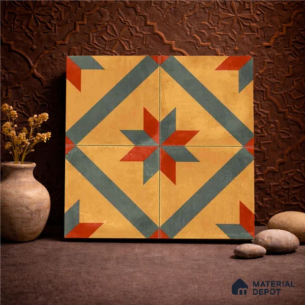 Moroccan Wall & Floor Center 2 Carpet Tile TL 11198 Starburst Mustard 1 ft x 1 ft Ceramic Matte Finish Tile - 10 mm | Suitable For Kitchen, Bathroom, Living Room
