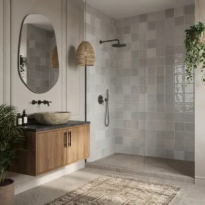 Scandinavian kitchen walkthrough with white square wall tiles, white quartz countertop, and natural wood open shelves