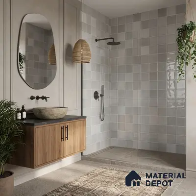 Scandinavian kitchen walkthrough with white square wall tiles, white quartz countertop, and natural wood open shelves