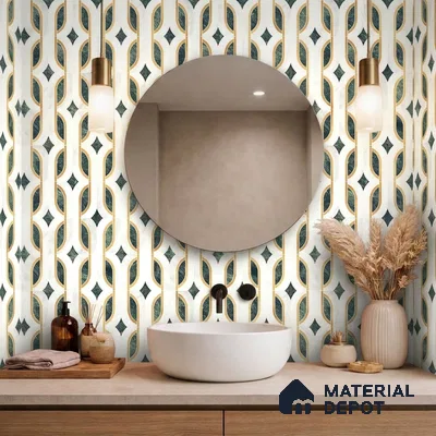 Modern bathroom walkthrough with geometric patterned Tiles and light wood vanity