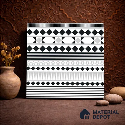 Moroccan Wall & Floor Carpet Border Tile TL 11143 Monochrome Rhythm 1 ft x 1 ft Ceramic Matte Finish Tile - 10 mm | Suitable For Living Room, Kitchen, Dining Area (Sample)
