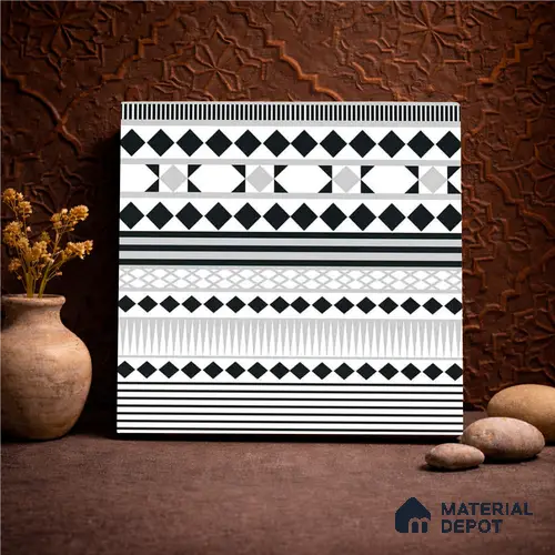 Moroccan Wall & Floor Carpet Border Tile TL 11143 Monochrome Rhythm 1 ft x 1 ft Ceramic Matte Finish Tile - 10 mm | Suitable For Living Room, Kitchen, Dining Area