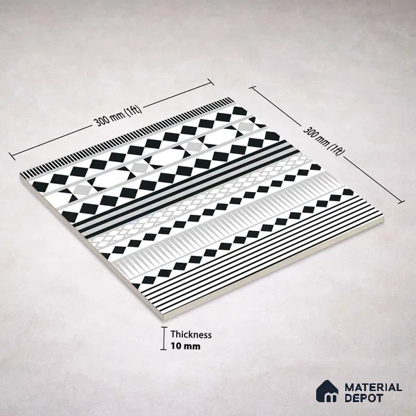 Moroccan Wall & Floor Carpet Border Tile TL 11143 Monochrome Rhythm 1 ft x 1 ft Ceramic Matte Finish Tile - 10 mm | Suitable For Living Room, Kitchen, Dining Area (Sample)