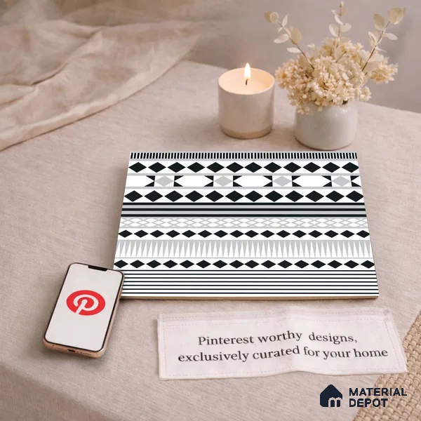 Moroccan Wall & Floor Carpet Border Tile TL 11143 Monochrome Rhythm 1 ft x 1 ft Ceramic Matte Finish Tile - 10 mm | Suitable For Living Room, Kitchen, Dining Area (Sample)