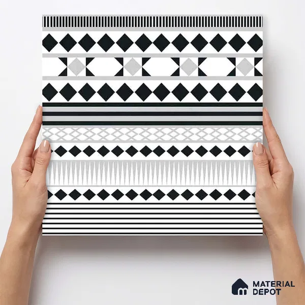 Moroccan Wall & Floor Carpet Border Tile TL 11143 Monochrome Rhythm 1 ft x 1 ft Ceramic Matte Finish Tile - 10 mm | Suitable For Living Room, Kitchen, Dining Area (Sample)