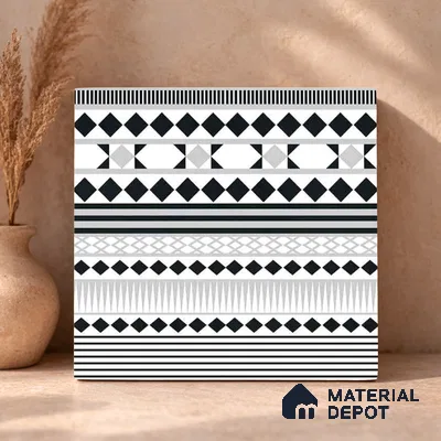 Moroccan Wall & Floor Carpet Border Tile TL 11143 Monochrome Rhythm 1 ft x 1 ft Ceramic Matte Finish Tile - 10 mm | Suitable For Living Room, Kitchen, Dining Area (Sample)