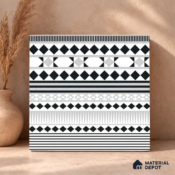 Moroccan Wall & Floor Carpet Border Tile TL 11143 Monochrome Rhythm 1 ft x 1 ft Ceramic Matte Finish Tile - 10 mm | Suitable For Living Room, Kitchen, Dining Area (Sample)