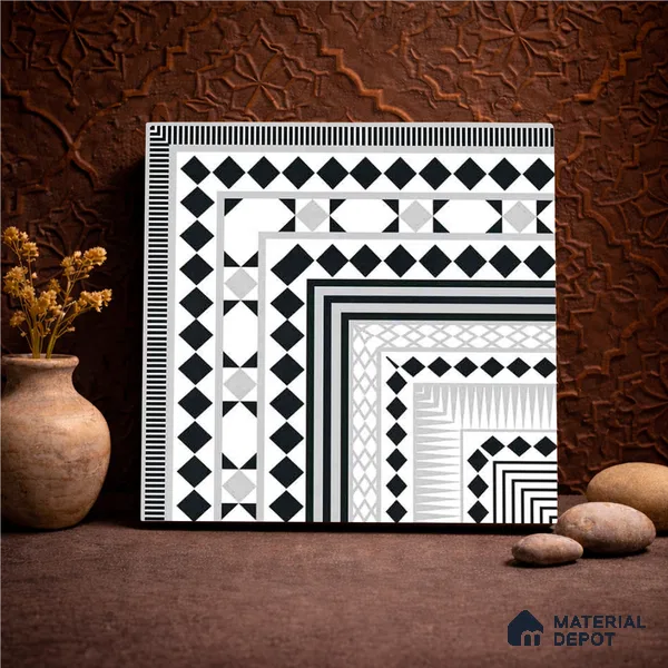 Moroccan Wall & Floor Carpet Corner Tile TL 11144 Monochrome Paragon 1 ft x 1 ft Ceramic Matte Finish Tile - 10 mm | Suitable For Living Room, Kitchen, Dining Area (Sample)