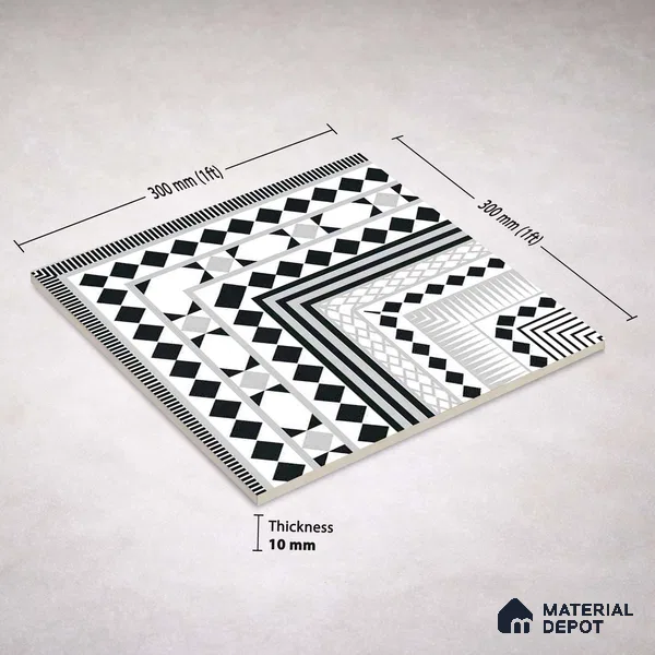 Moroccan Wall & Floor Carpet Corner Tile TL 11144 Monochrome Paragon 1 ft x 1 ft Ceramic Matte Finish Tile - 10 mm | Suitable For Living Room, Kitchen, Dining Area (Sample)