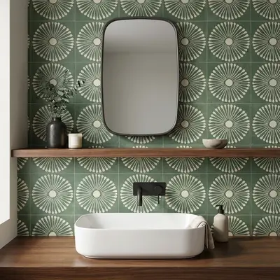 Modern kitchen walkthrough with geometric green patterned backsplash tile and black marble countertop