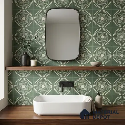 Modern kitchen walkthrough with geometric green patterned backsplash tile and black marble countertop