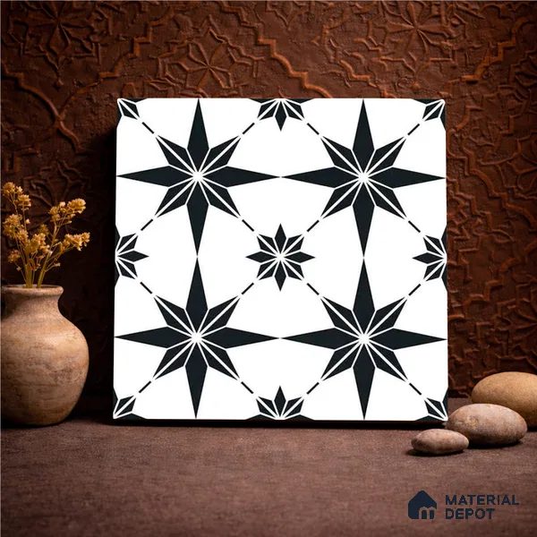 Moroccan Monochrome Wall & Floor Tile TL 11140 Stellar Noir 1 ft x 1 ft Ceramic Matte Finish Tile - 10 mm | Suitable For Kitchen, Bathroom, Balcony