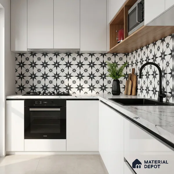 Moroccan Monochrome Wall & Floor Tile TL 11140 Stellar Noir 1 ft x 1 ft Ceramic Matte Finish Tile - 10 mm | Suitable For Kitchen, Bathroom, Balcony