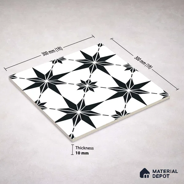 Moroccan Monochrome Wall & Floor Tile TL 11140 Stellar Noir 1 ft x 1 ft Ceramic Matte Finish Tile - 10 mm | Suitable For Kitchen, Bathroom, Balcony