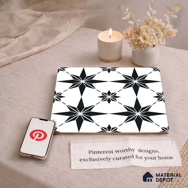 Moroccan Monochrome Wall & Floor Tile TL 11140 Stellar Noir 1 ft x 1 ft Ceramic Matte Finish Tile - 10 mm | Suitable For Kitchen, Bathroom, Balcony