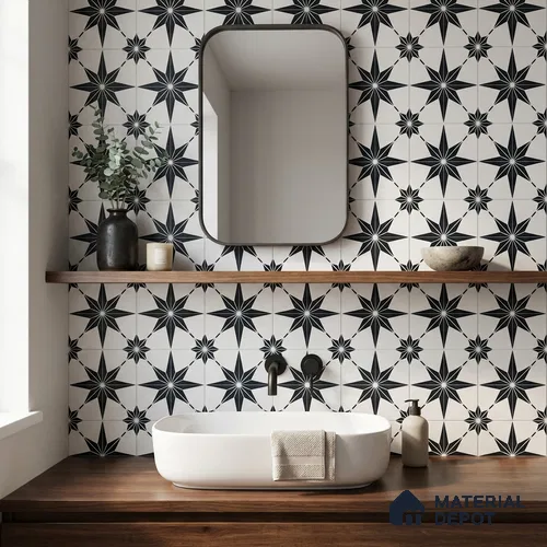 Moroccan Monochrome Wall & Floor Tile TL 11140 Stellar Noir 1 ft x 1 ft Ceramic Matte Finish Tile - 10 mm | Suitable For Kitchen, Bathroom, Balcony