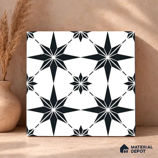 Moroccan Monochrome Wall & Floor Tile TL 11140 Stellar Noir 1 ft x 1 ft Ceramic Matte Finish Tile - 10 mm | Suitable For Kitchen, Bathroom, Balcony