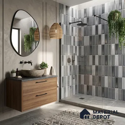 Modern kitchen walkthrough with geometric grey and white backsplash tile, white quartz countertop, and wooden open shelves