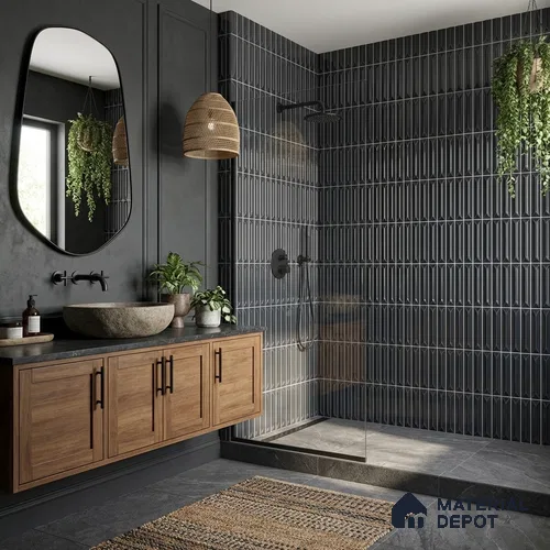 Faux Kitkat Subway Wall Tile TL 11310 Noir Pinnacle 1 ft x 1 ft Ceramic Glossy Finish Tile - 10 mm | Suitable For Bathroom, Dining Area, Kitchen Backsplash