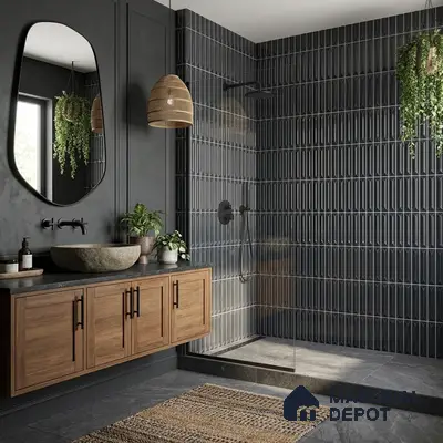 Modern bathroom walkthrough with charcoal kitkat wall tiles, black stone countertop, and natural wood vanity