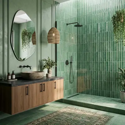 Modern kitchen walkthrough with sage green kitkat wall tiles, white quartz countertop, and pastel green laminate cabinets