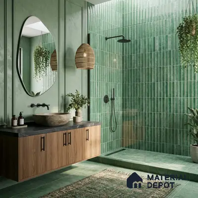 Modern kitchen walkthrough with sage green kitkat wall tiles, white quartz countertop, and pastel green laminate cabinets