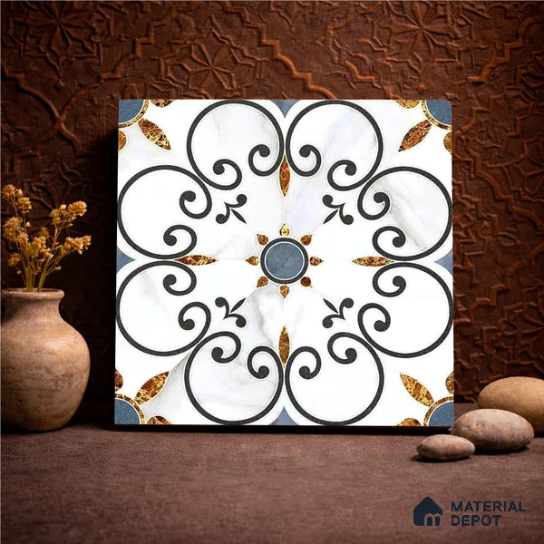 Moroccan Carving Wall & Floor Tile TL 11666 Baroque Fleur 1 ft x 1 ft Ceramic Carving Matte Finish Tile - 10 mm | Suitable For Bathroom, Dining Area, Kitchen