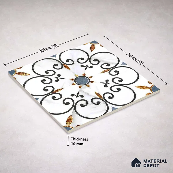 Moroccan Carving Wall & Floor Tile TL 11666 Baroque Fleur 1 ft x 1 ft Ceramic Carving Matte Finish Tile - 10 mm | Suitable For Bathroom, Dining Area, Kitchen
