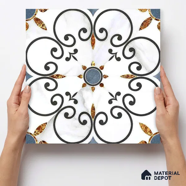 Moroccan Carving Wall & Floor Tile TL 11666 Baroque Fleur 1 ft x 1 ft Ceramic Carving Matte Finish Tile - 10 mm | Suitable For Bathroom, Dining Area, Kitchen