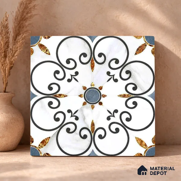 Moroccan Carving Wall & Floor Tile TL 11666 Baroque Fleur 1 ft x 1 ft Ceramic Carving Matte Finish Tile - 10 mm | Suitable For Bathroom, Dining Area, Kitchen