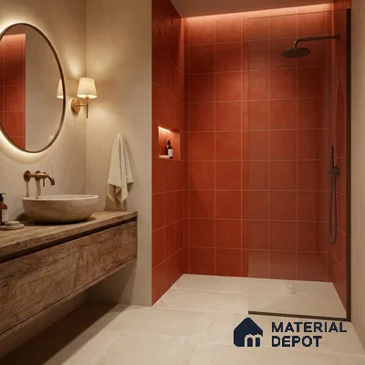 Modern kitchen walkthrough with terracotta wall tiles, walnut wood laminate cabinets, and white quartz countertop