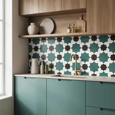 Modern kitchen walkthrough with olive green laminate, white laminate, and geometric moroccan backsplash tiles
