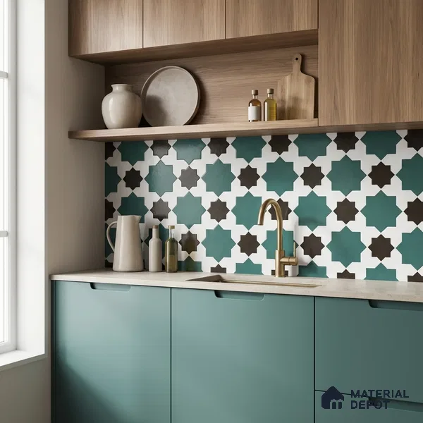 Moroccan Wall & Floor Tile TL 11109 Emerald Star Mosaic 1 ft x 1 ft Ceramic Matte Finish Tile - 10 mm | Suitable For Kitchen, Bathroom, Balcony