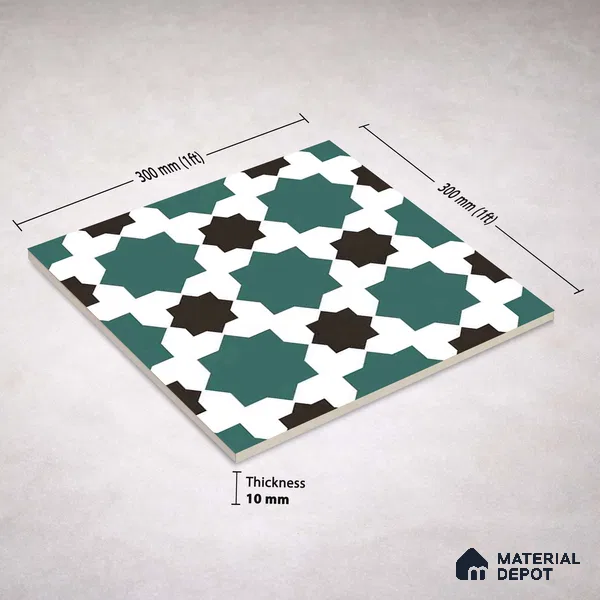 Moroccan Wall & Floor Tile TL 11109 Emerald Star Mosaic 1 ft x 1 ft Ceramic Matte Finish Tile - 10 mm | Suitable For Kitchen, Bathroom, Balcony