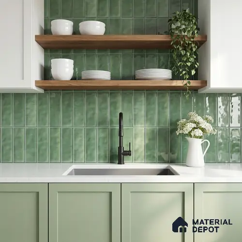 Faux Subway Wall Tile TL 11304 Sage Flute 1 ft x 1 ft Ceramic Glossy Finish Tile - 10 mm | Suitable For Bathroom, Balcony & Kitchen Backsplash