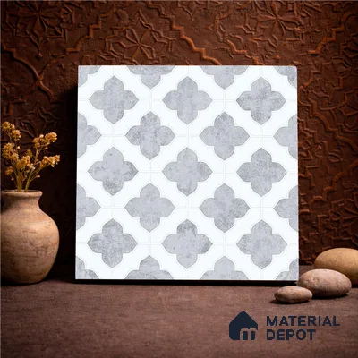 Moroccan Carving Wall & Floor Tile TL 11674 Silver Arabesque 1 ft x 1 ft Ceramic Carving Matte Finish Tile - 10 mm | Suitable For Bathroom, Dining Area, Kitchen