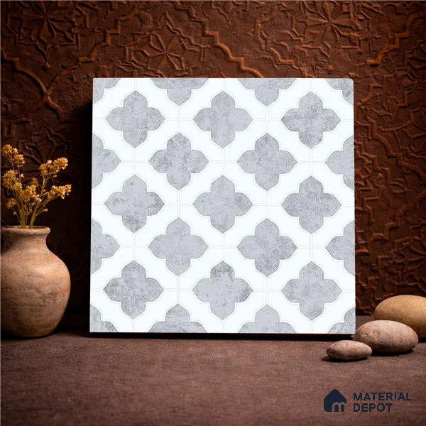 Moroccan Carving Wall & Floor Tile TL 11674 Silver Arabesque 1 ft x 1 ft Ceramic Carving Matte Finish Tile - 10 mm | Suitable For Bathroom, Dining Area, Kitchen