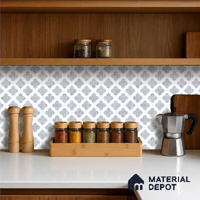 Moroccan Carving Wall & Floor Tile TL 11674 Silver Arabesque 1 ft x 1 ft Ceramic Carving Matte Finish Tile - 10 mm | Suitable For Bathroom, Dining Area, Kitchen