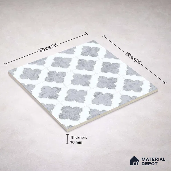 Moroccan Carving Wall & Floor Tile TL 11674 Silver Arabesque 1 ft x 1 ft Ceramic Carving Matte Finish Tile - 10 mm | Suitable For Bathroom, Dining Area, Kitchen
