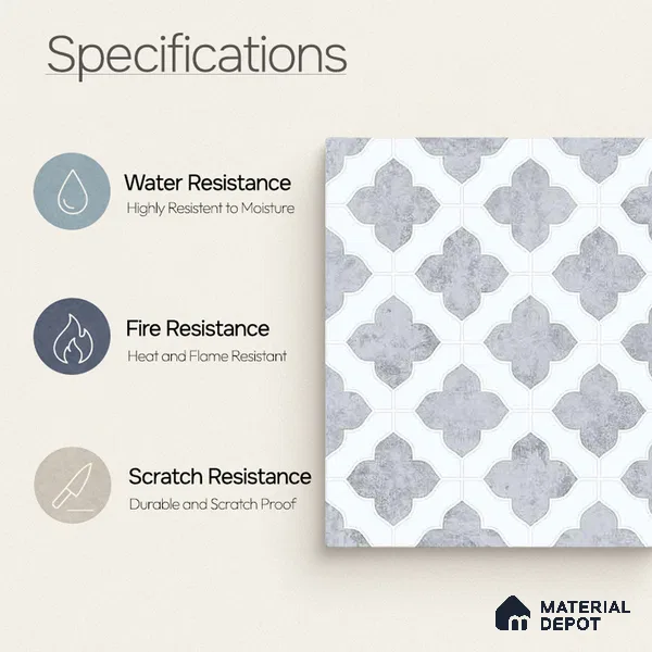 Moroccan Carving Wall & Floor Tile TL 11674 Silver Arabesque 1 ft x 1 ft Ceramic Carving Matte Finish Tile - 10 mm | Suitable For Bathroom, Dining Area, Kitchen