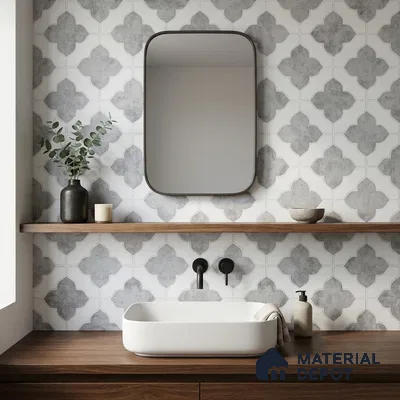 Moroccan Carving Wall & Floor Tile TL 11674 Silver Arabesque 1 ft x 1 ft Ceramic Carving Matte Finish Tile - 10 mm | Suitable For Bathroom, Dining Area, Kitchen